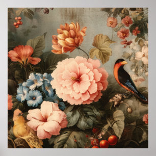 Poster Cena Floral e de Pássaros Vintage Vibrante