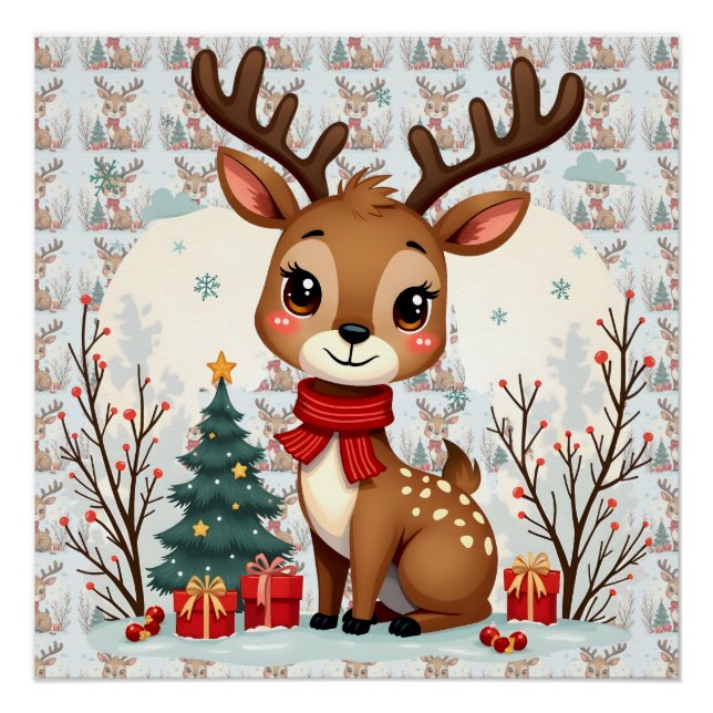 Pôster Cena Fofa de Rena de Natal Floresta Nevada (Frente)