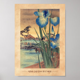 Pôster Cena japonesa vintage de ukiyo-e de íris azul e pá
