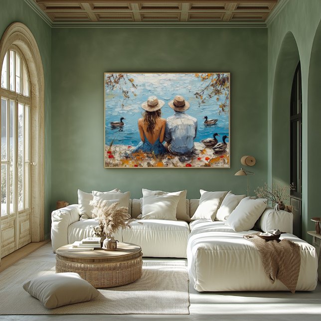 Poster Cena Lakeside Romântica com Patos e Casal (Criador carregado)