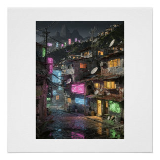 Pôster Cena Noturna Cyberpunk Rio de Janeiro Neon Favela