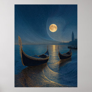 Poster Cena Noturna de Gôndolas Venezianas sob uma Lua Ch