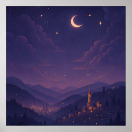 Poster Cena Noturna Mágica de Aldeia ao Luar