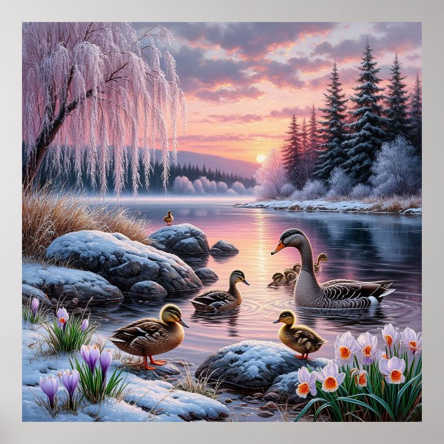 Poster Cena Pacífica de Lago no Inverno com Patos (Frente)