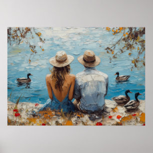 Poster Cena Romântica à Beira do Lago com Patos e Casal