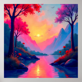 Poster Cena Serena de Fantasia do Rio Montanhoso ao Pôr d