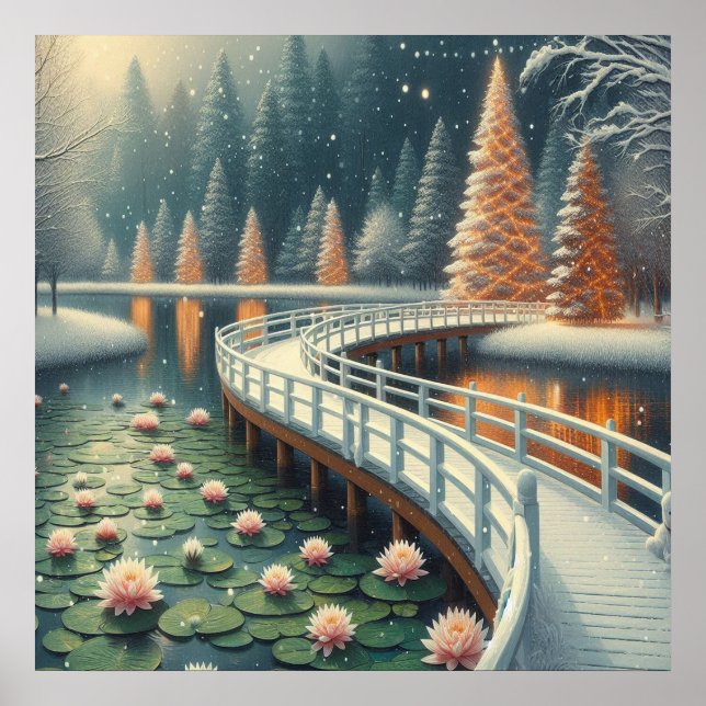 Poster Cena Serena de Natal de uma Ponte Sobre um Lago (Frente)
