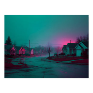 Pôster Cena Suburbana Noturna com Névoa de Neon