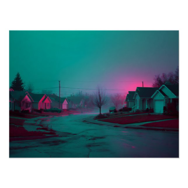 Pôster Cena Suburbana Noturna com Névoa de Neon (Frente)