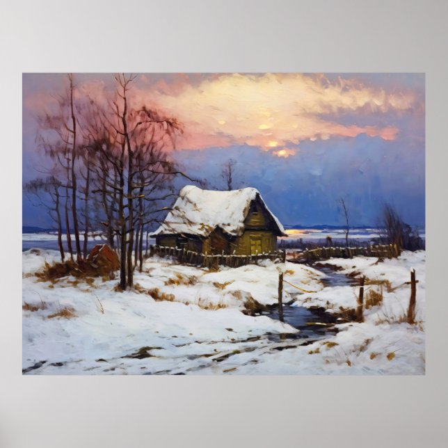 Poster Cena Tranquila de Inverno: Cabana de Junco junto a (Frente)