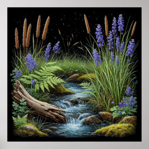 Poster Cena Tranquila de um Córrego na Floresta Relaxante