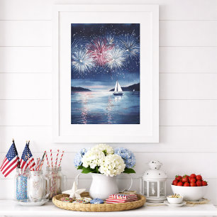 Poster Cena Watercolor 4 de julho Fireworks & Sailboat