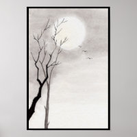 Cenário clássico da lua noturna japonesa sumi-e
