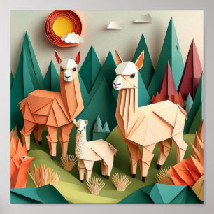 Poster Cenário de Arte em Papel Origami Alpacas 3D