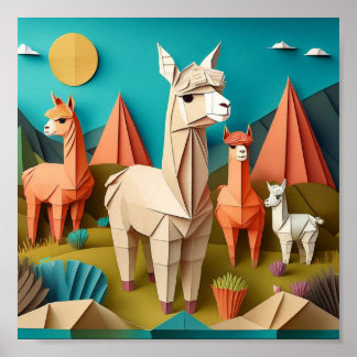 Poster Cenário de Arte em Papel Origami Alpacas 3D