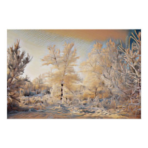 Pôster Cenário de inverno com aquarela de árvores nevadas
