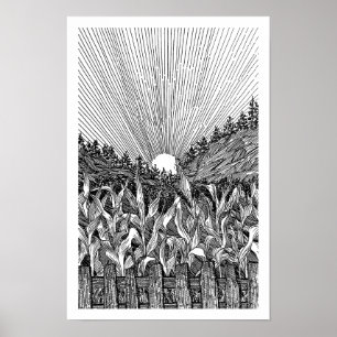 Poster Cenário de Milharal Preto e Branco ao Amanhecer Ar