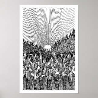 Poster Cenário de Milharal Preto e Branco ao Amanhecer Ar
