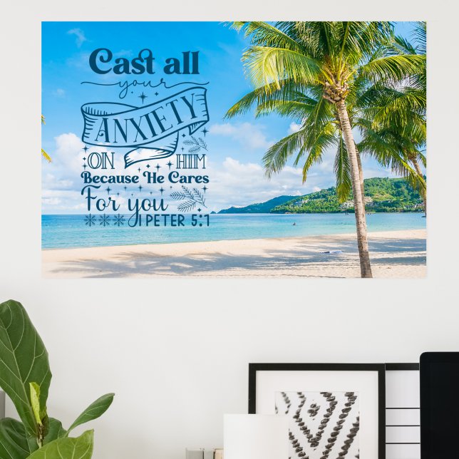 Poster Cenário de praia tropical, 1 Peter 5:7 Bíblia Vers (Criador carregado)