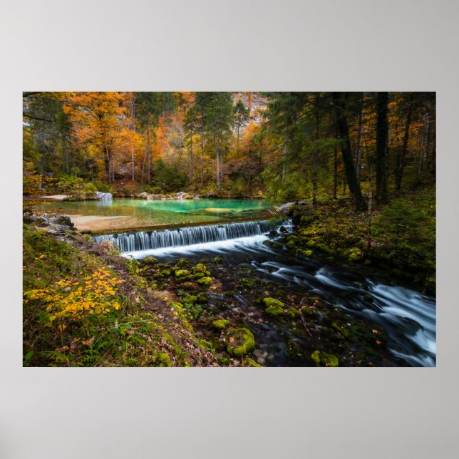Poster Cenário de queda d'água de outono em Kamniška Bist (Frente)