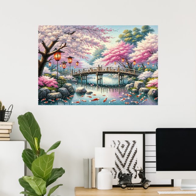 Poster Cenário japonês com Ponte, Koi e Sakura (Escritório em casa)
