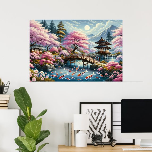 Poster Cenário japonês com Ponte, Koi e Sakura (Escritório em casa)