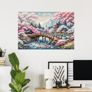Poster Cenário japonês com Ponte, Koi e Sakura