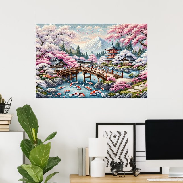 Poster Cenário japonês com Ponte, Koi e Sakura (Escritório em casa)