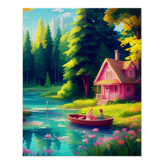 Pôster Cenário Natural com Casa Cor-de-Rosa-68884 (Frente)