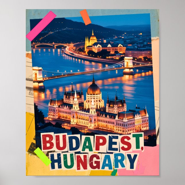 Poster Cenário Noturno da Cidade de Budapeste Hungria Col (Frente)