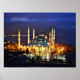 Poster Cenário Noturno da Mesquita Azul de Istambul Turqu