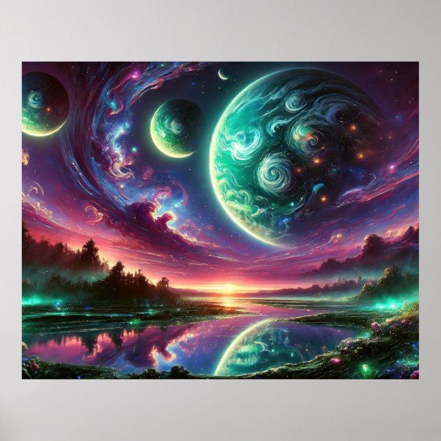 Poster Cenário Surrealista de Planeta Alien com Céus Cósm (Frente)