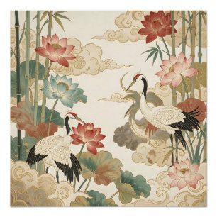 Pôster Cenas de Lotus e Bambu com Grous Elegantes Orienta