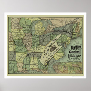 Pôster Central de New York & mapa 1876 da estrada de