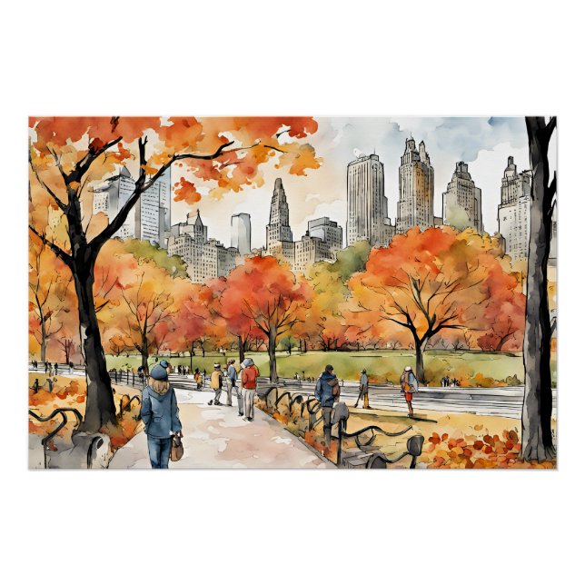 Pôster Central Park, aquarelas, geradas pelo AI, (Frente)