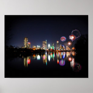 Poster Centro Austin Texas Night Skyline Fireworks