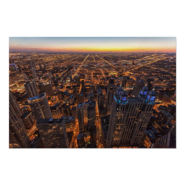 Pôster Centro de Chicago no pôr do sol (Frente)
