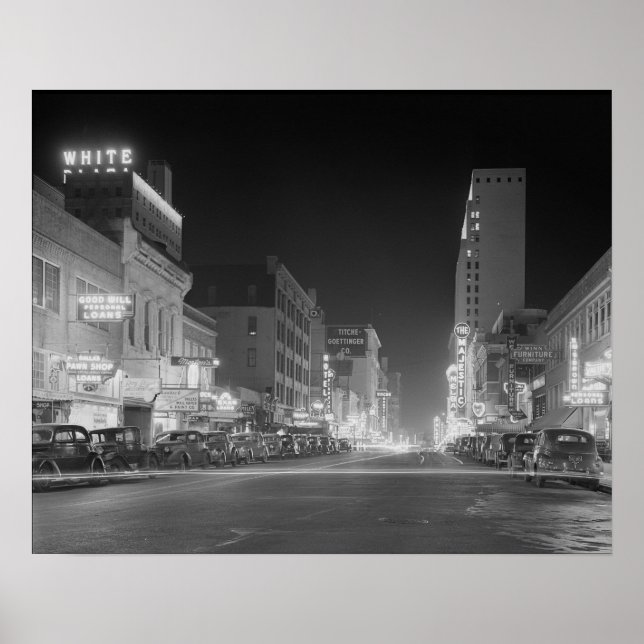 Poster Centro de Dallas à Noite, 1942. Foto Antiga (Frente)