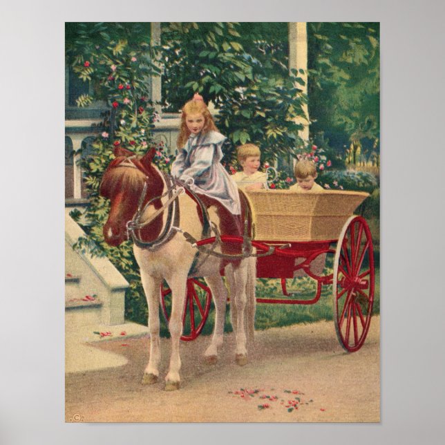 Poster cerca de 1910 crianças e carrinho desenhado a cava (Frente)