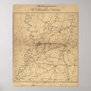 Pôster Cerco de Vicksburg - mapa panorâmico da guerra