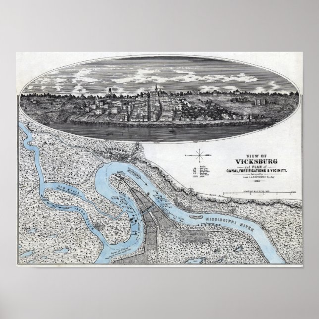 Pôster Cerco de Vicksburg - Mapa Panorâmico da Guerra Civ (Frente)