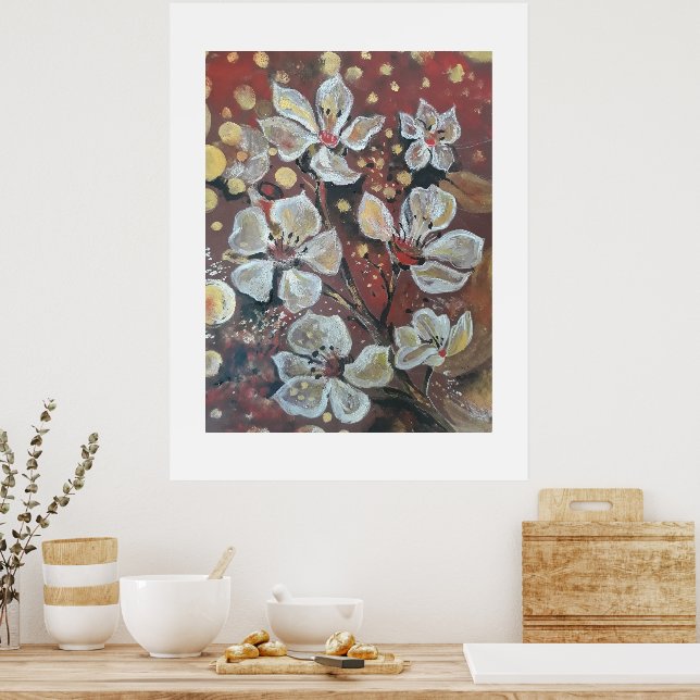 Poster Cereja branca floresce sobre fundo bokeh (Cozinha)