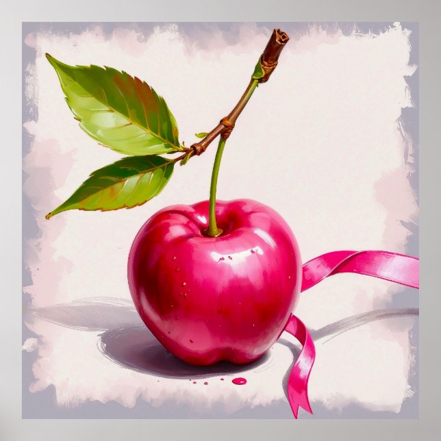 Poster Cereja cor-de-rosa com folhas e fita (Frente)