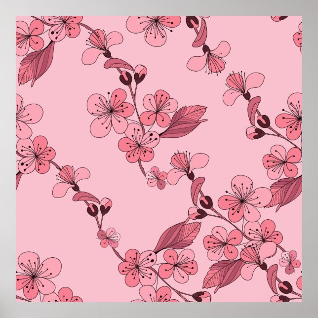 Poster Cereja floresce de cor rosa sobre fundo branco. (Frente)