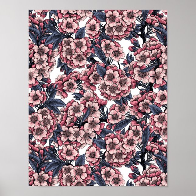 Poster Cereja floresce em rosa e azul (Frente)