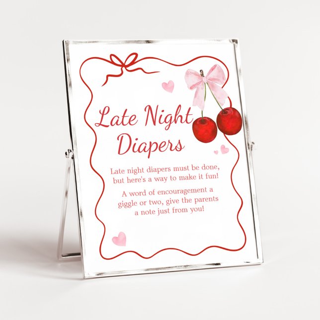 Poster Cereja no Topo do Arco Rosa Bebê Fraldas Noturnas  (Cherry on Top Baby Shower Late Night Diapers Sign)
