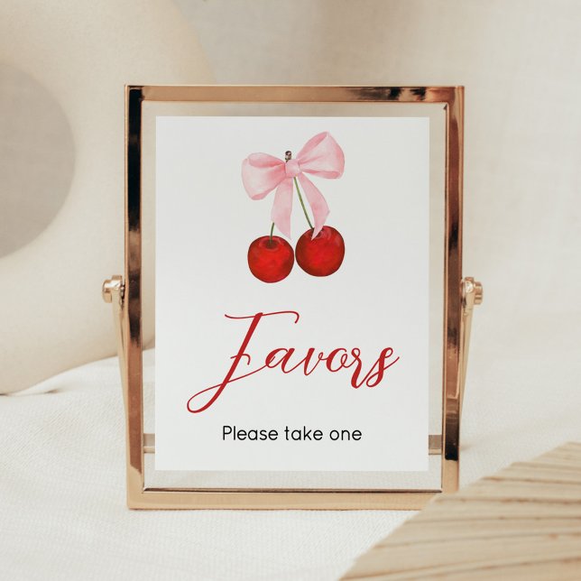 Poster Cereja nos Favores do Chá de fraldas Superior (Cherry on Top Pink Bow Baby Shower Favors Sign)