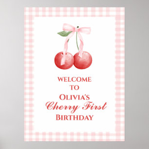 Poster Cereja Primeiro Morango Rosa Laço 1º aniversário