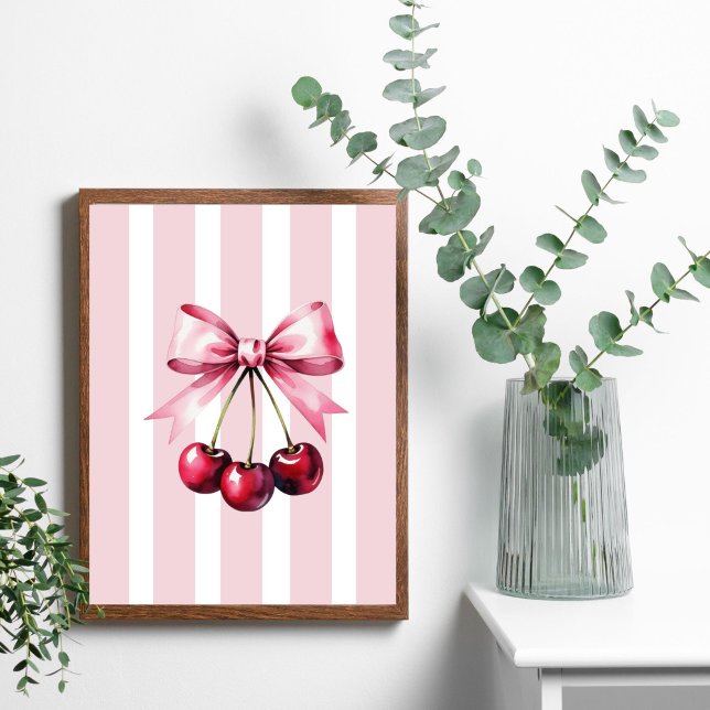 Poster Cerejas de Arco rosa Coquette Aestic Strips Girly (Pink bow cherries wall art poster print. Trendy Girly Bedroom Dorm Room Apartment Wall Art)