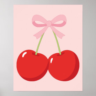 Poster Cerejas Vermelhas com Laço Rosa Coquette Estilo Co